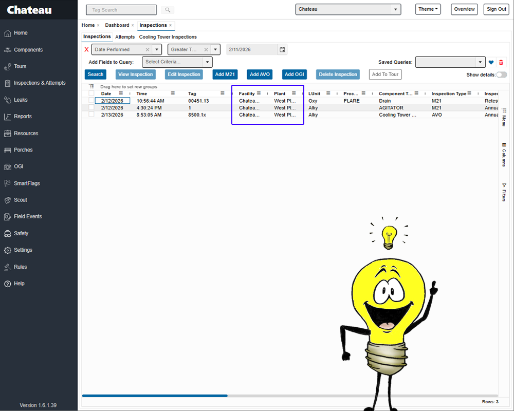 By adding Facility and Plant columns to the Inspections grid, users managing complex, multi-site databases can now filter and group assets with ease, making data management more efficient.